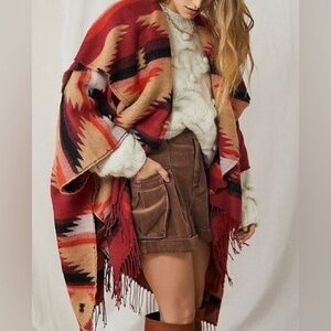 Free People Red and Tan Patterned Poncho